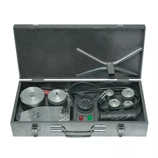 Plastmasas caurulu kausetajs 800 W, metala koferis, 6 adapteri 16–50 mm Plastmasas caurulu kausetajs 800 W, metala koferis, 6 adapteri 16–50 mm